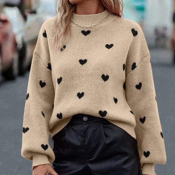 Apricot Casual Womens Heart Pattern Mock Neck Drop Shoulder Sweater - Picture 4 of 5